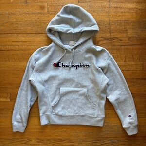 Champion Reverse Weave Heather Gray Chenille Logo Hoodie Sleeve Logo Small